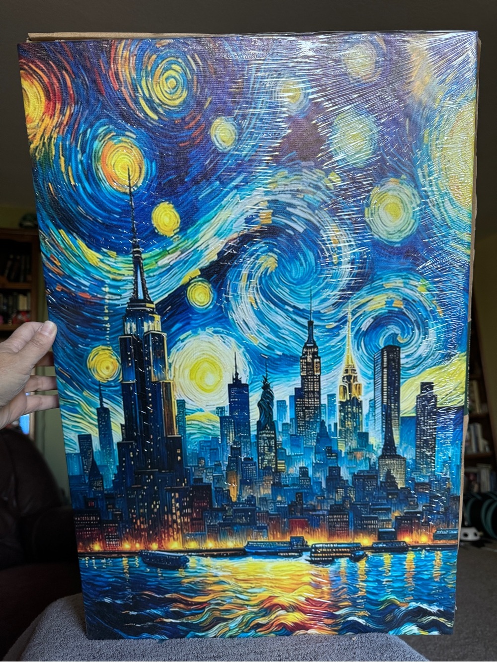 Starry Night Cityscape Canvas Art Print - Blue & Yellow